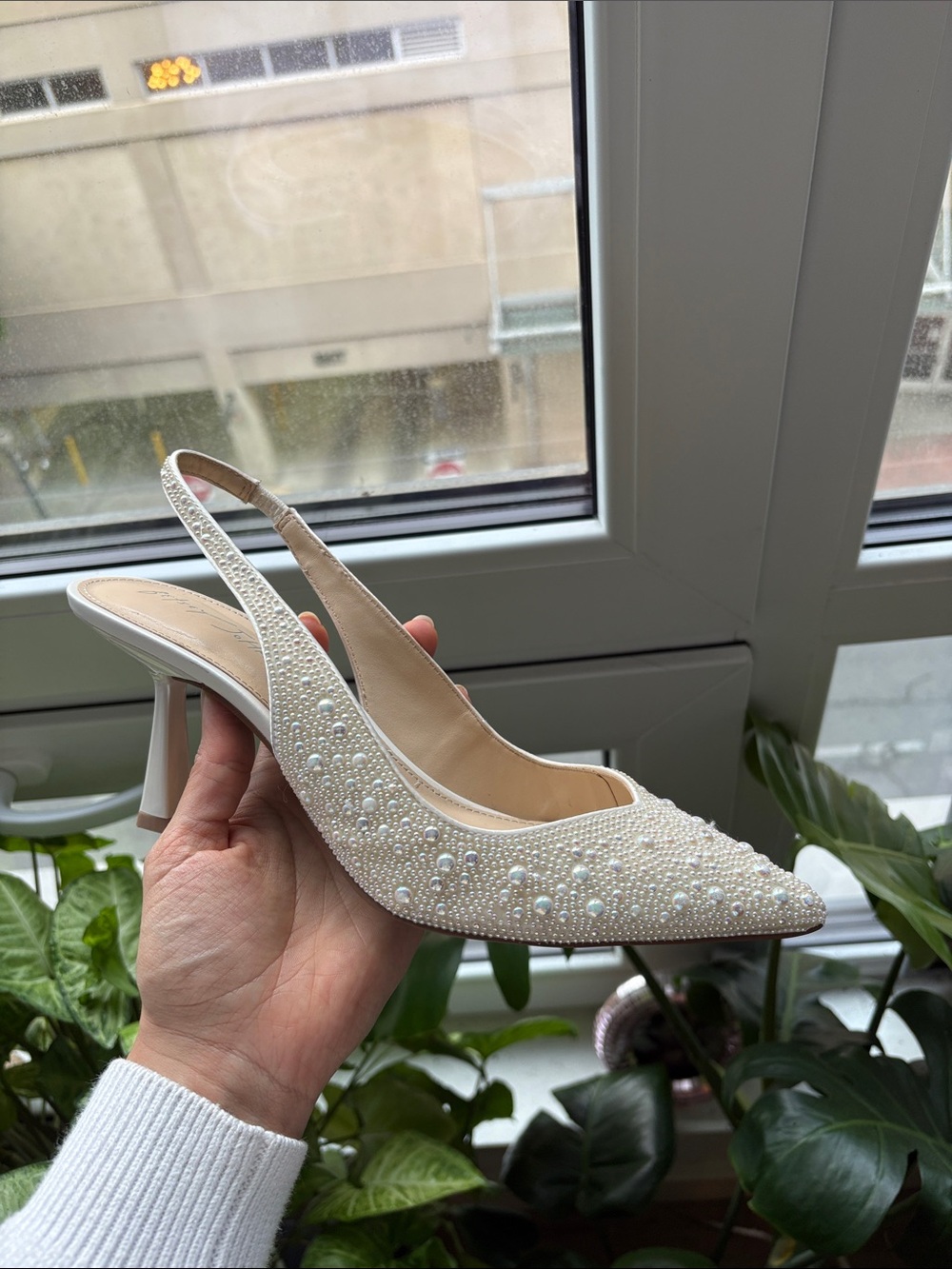 Betsy Johnson Clark White Rhinestone & Pearl Slingback Pumps - Picture 7 of 7